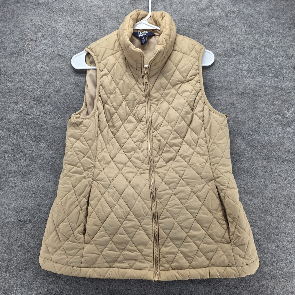 Lands' End Vest Womens M Beige Quilted Full Zip Collared Insulated Lined Pockets